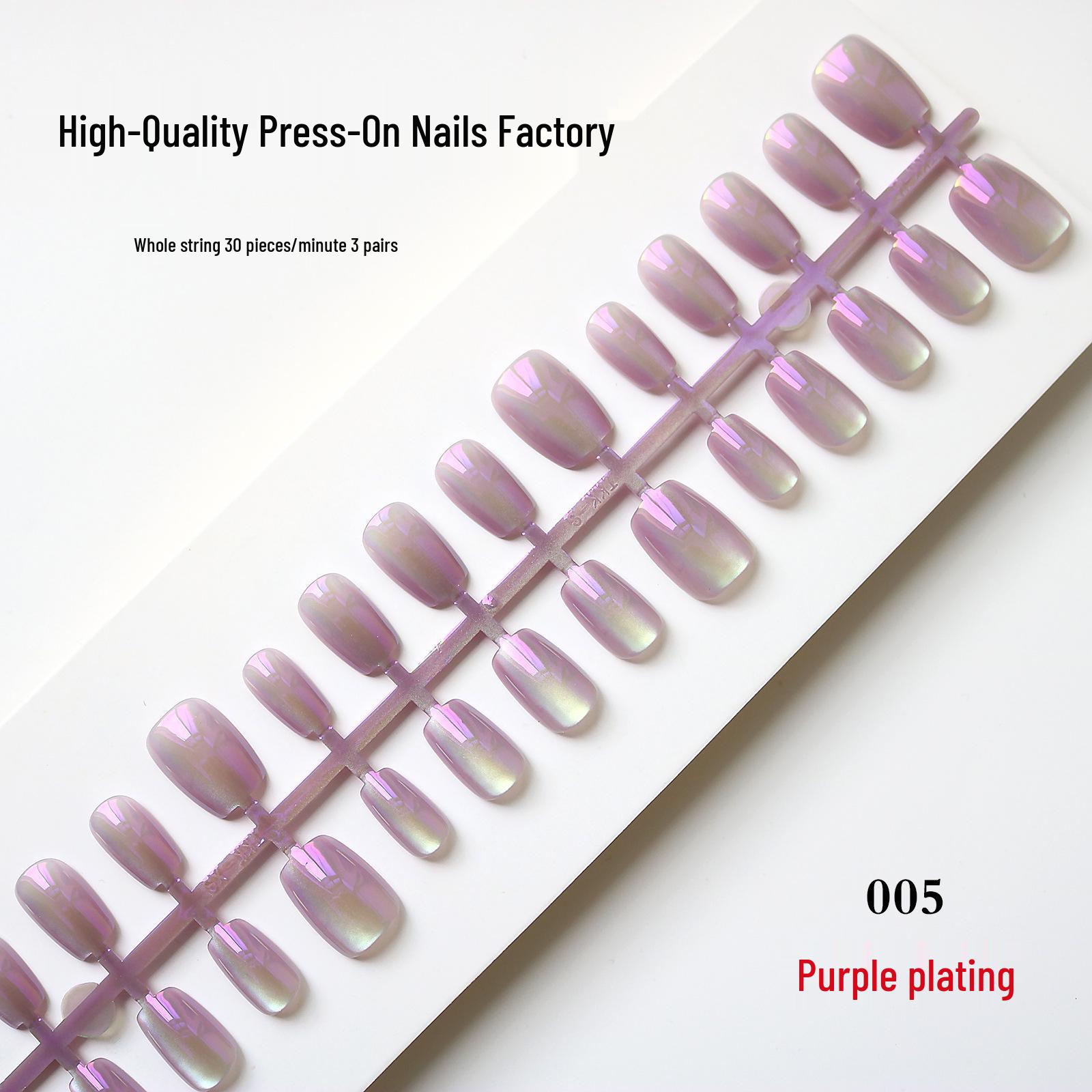 High-End French Flashy Purple Wearable Nails - Short Style, Transparent Tips, Whitening Effect Manicure.