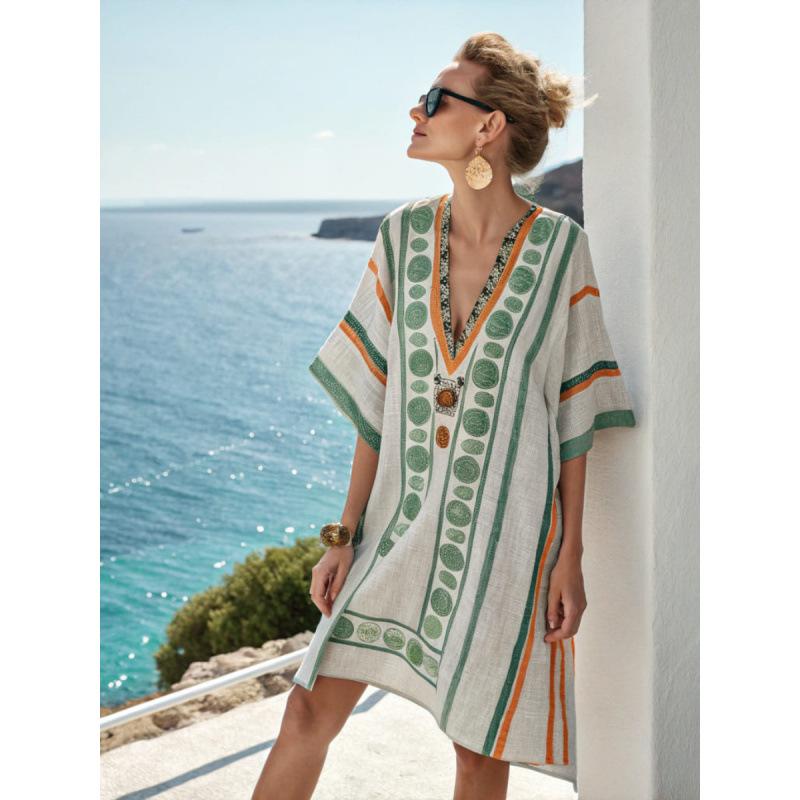 Women's V Neck Short Sleeve Midi Dress Loose Fit Relaxed Waist Elegant British Style 3D Printed Beach Coverup Casual Vacation Dress