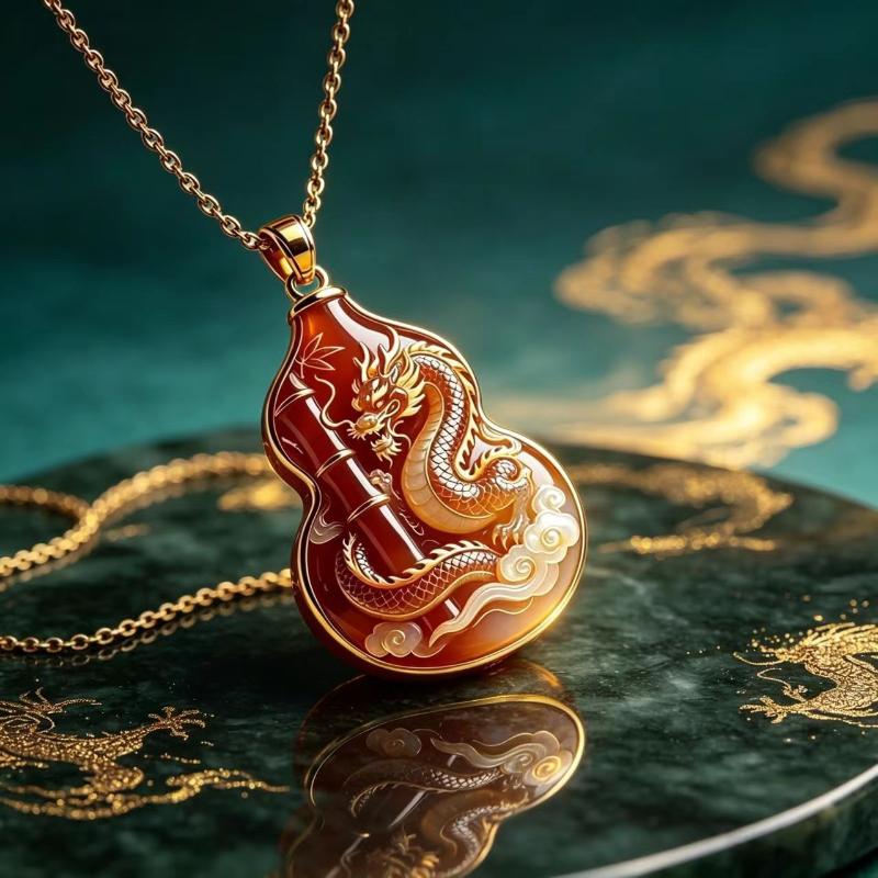 Chinese Lucky Dragon Phoenix Enamel Gourd Pendant Necklace Totem Ethnic Jewelry Minimalist Unisex Fashion