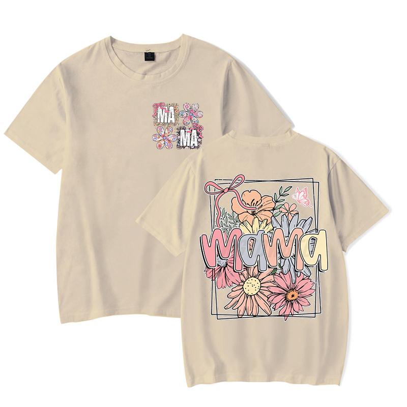 Boho Vintage Flower Mama T-Shirt Design Funny Gift for Mama Trendy Women Clothing Crew Neck Mother's Day Fashion Tops Clothes