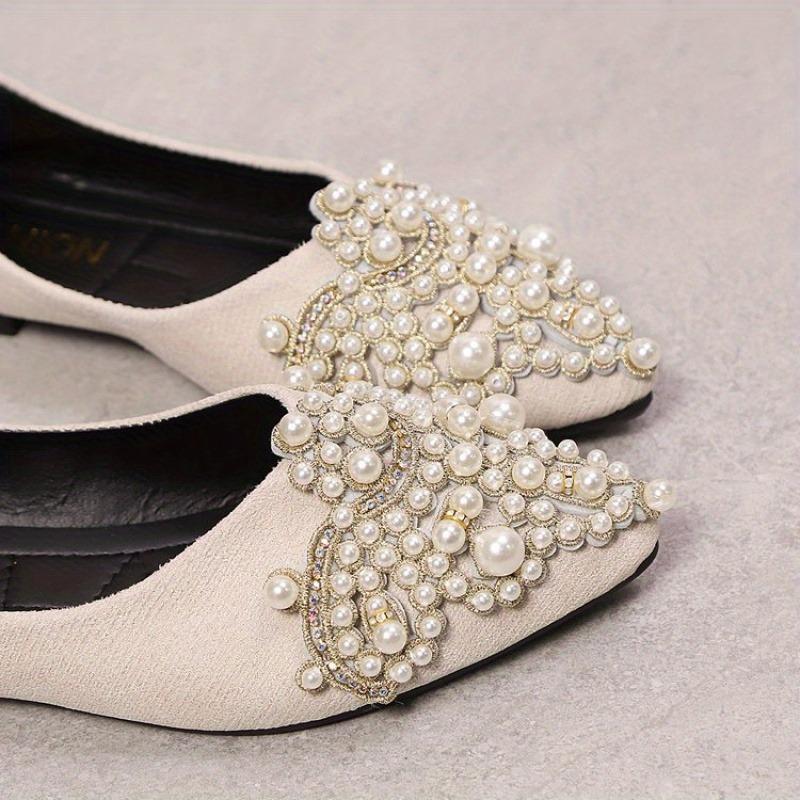 Comfortable Pointed Toe Slip-On Flats | Women's Black Fabric Upper with Pearl & Rhinestone Embellishments, Faux Cover Inner, All-Season Fashion Shoes