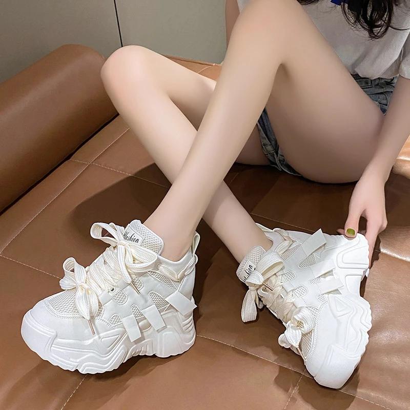 Fashion Women Autumn Leather Sneakers 10CM Heels White Mesh Casual Shoes New Fashion Woman Trainers Lace-Up Breathable Platform Sneakers