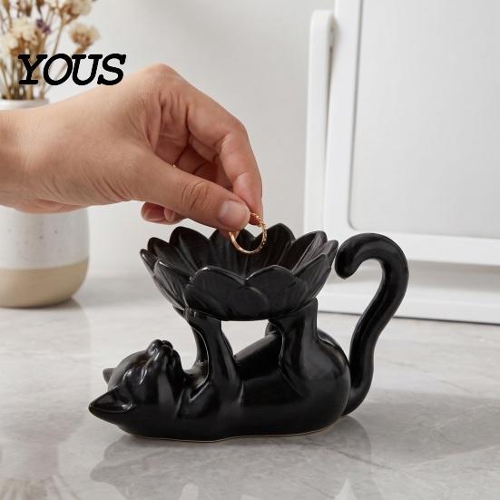Unique Home Decor 3D Printed Lazy Lying Cat Lotus Jewelry Tray, Cute Figurine Office Desk Storage Trinket Dish, Desktop Catchall for Rings Earrings