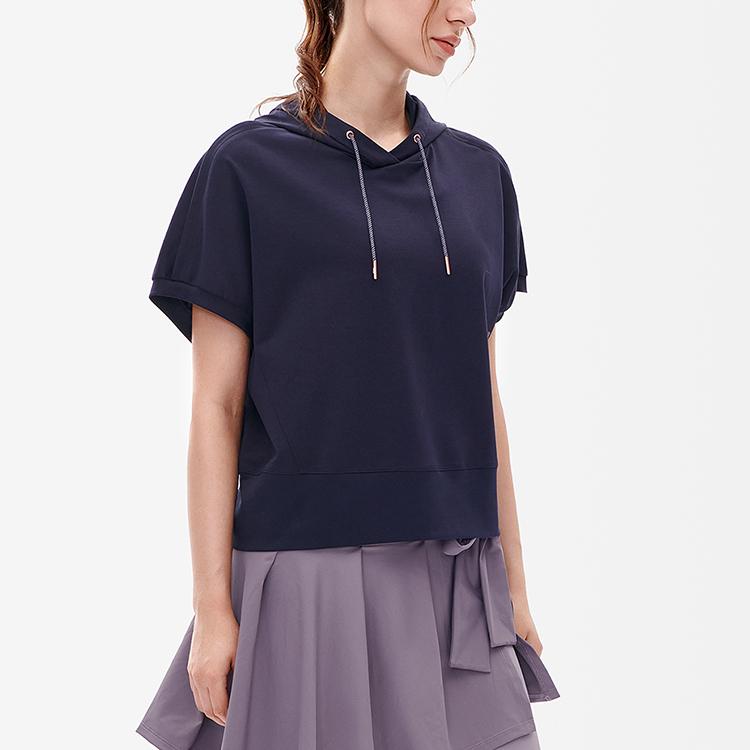 Fila Athletics Loose Solid Color Letter Logo Casual Latte Sports Hooded Short Sleeve Raglan T-Shirt Women Tops Dark-Blue A11W231115F-NV