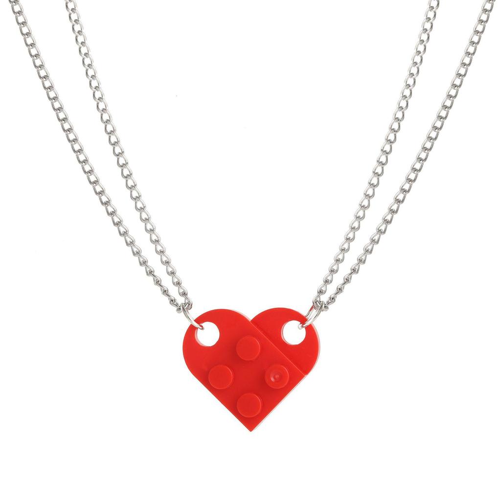 Heart-shaped Building Block Necklace: Double-layer Beaded Chain Love Pendant Choker for Women