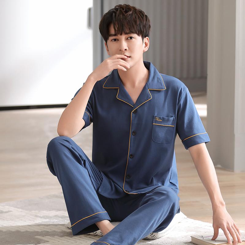 Summer Men's Short Sleeve Pajamas Set & Long Pants Male Loungewear Plus Size Cardigan Cotton Middle-aged Dad Pijamas Hombre