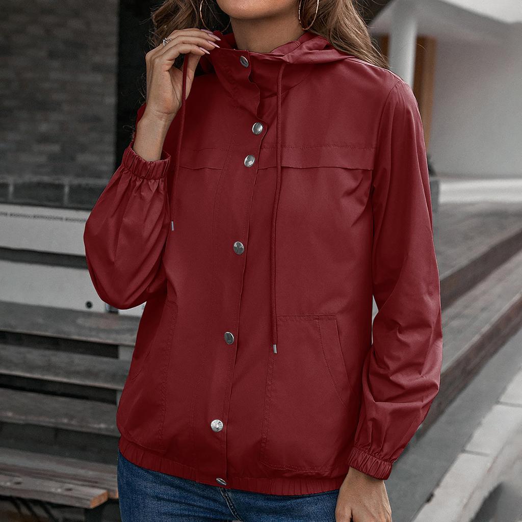 Women's Fashion-Simple Solid Color Outdoor Sports Single-breasted Pocket Windproof And Rainproof Hooded Windbreaker Pocket  Jacket