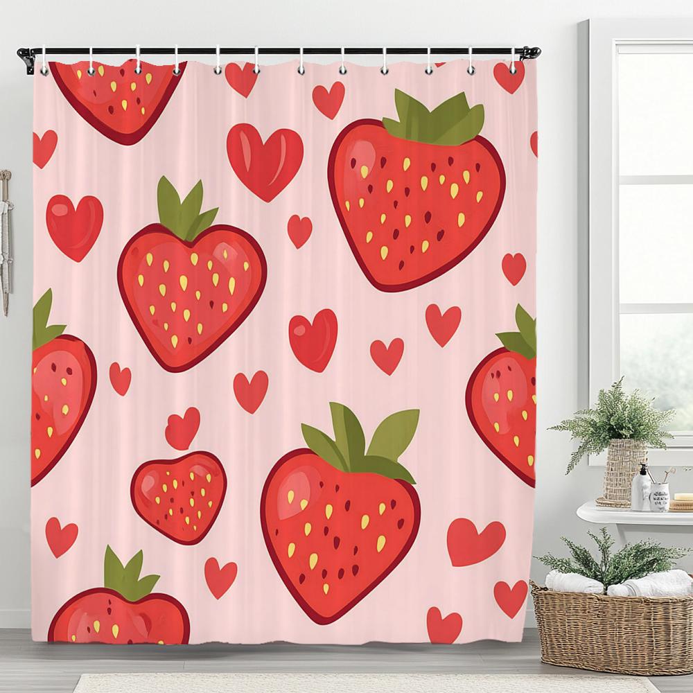 1Pc Plant Cherry Strawberry Lemon Shower Curtain, Bathroom Decorative Shower Curtain, Waterproof Shower Curtain With Hooks