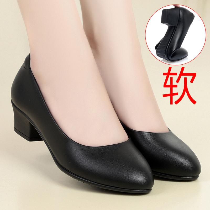 Women Cute Sweet Pointed Solid Black High Heel Soft Leather Shoes Classic  Spring Summer Soft Block Heel Pumps