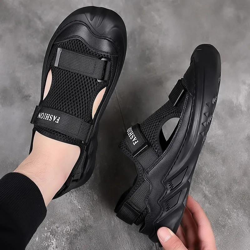 Men's Sandals Summer Leather Breathable Mesh Sandals Outdoor Casual Portable Walking Shoes Non-slip Comfortable Black Beach Shoe