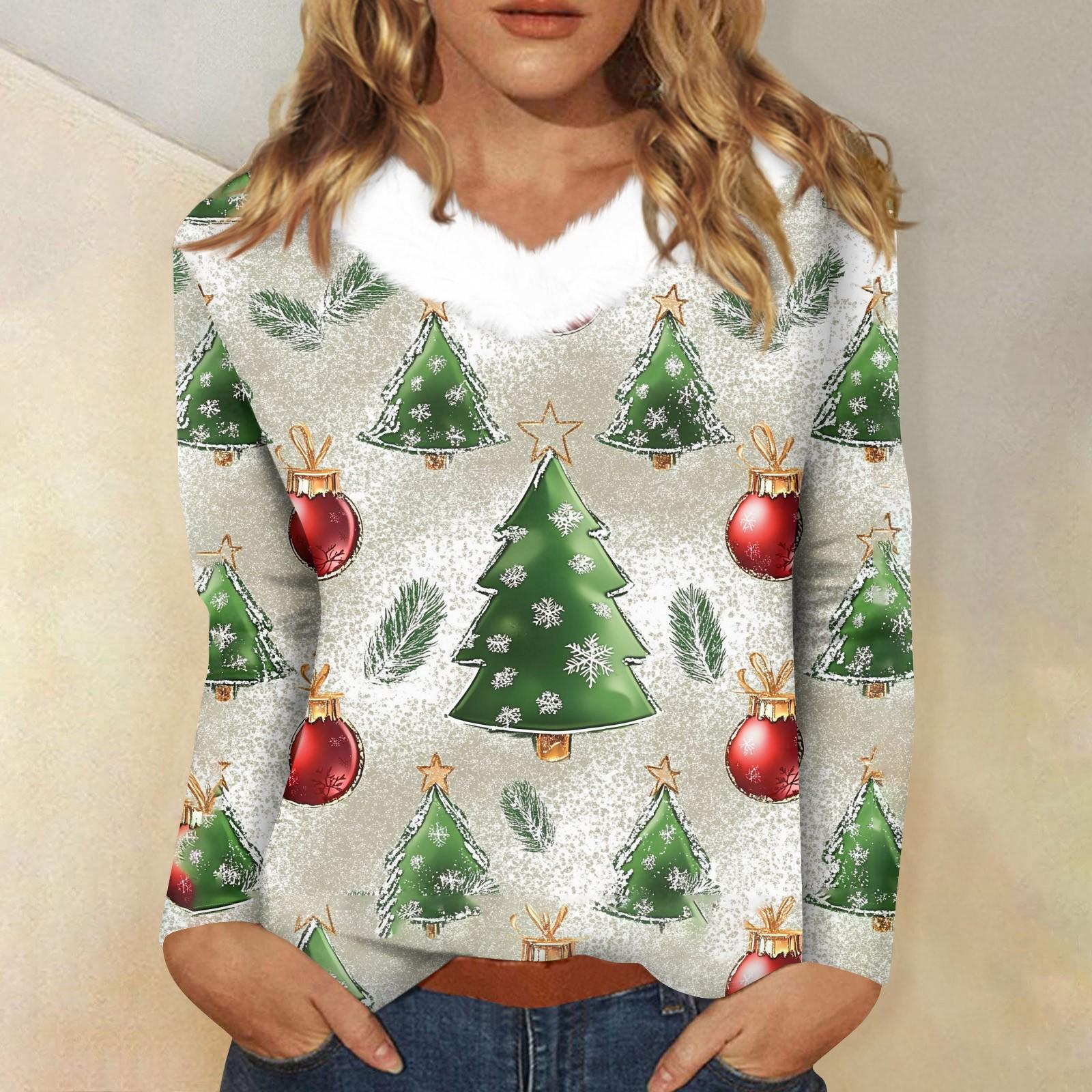 

Женский свободный повседневный топ с длинными рукавами и рождественским принтом, плюшевый воротник, V-образный вырез, топ с длинными рукавами M