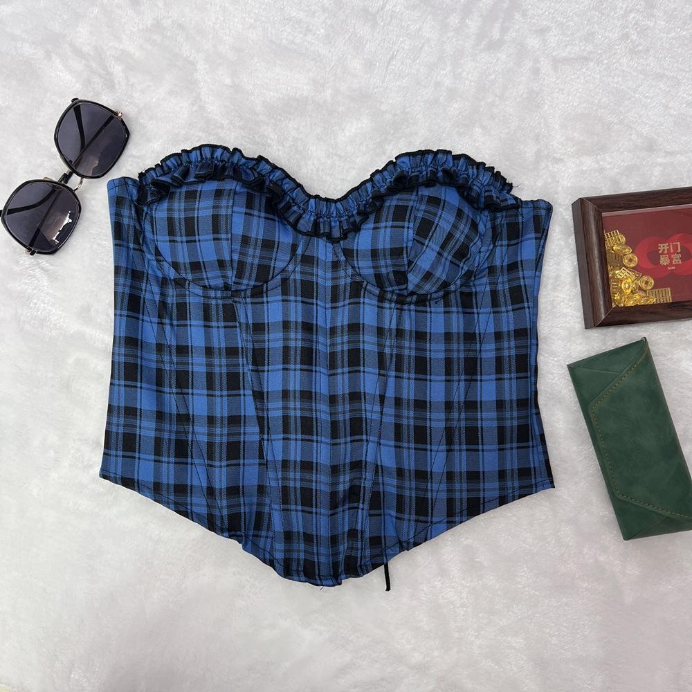 European and American women's wear: fishbone corset, sexy plaid print tie, slimming shapewear, strapless tank top