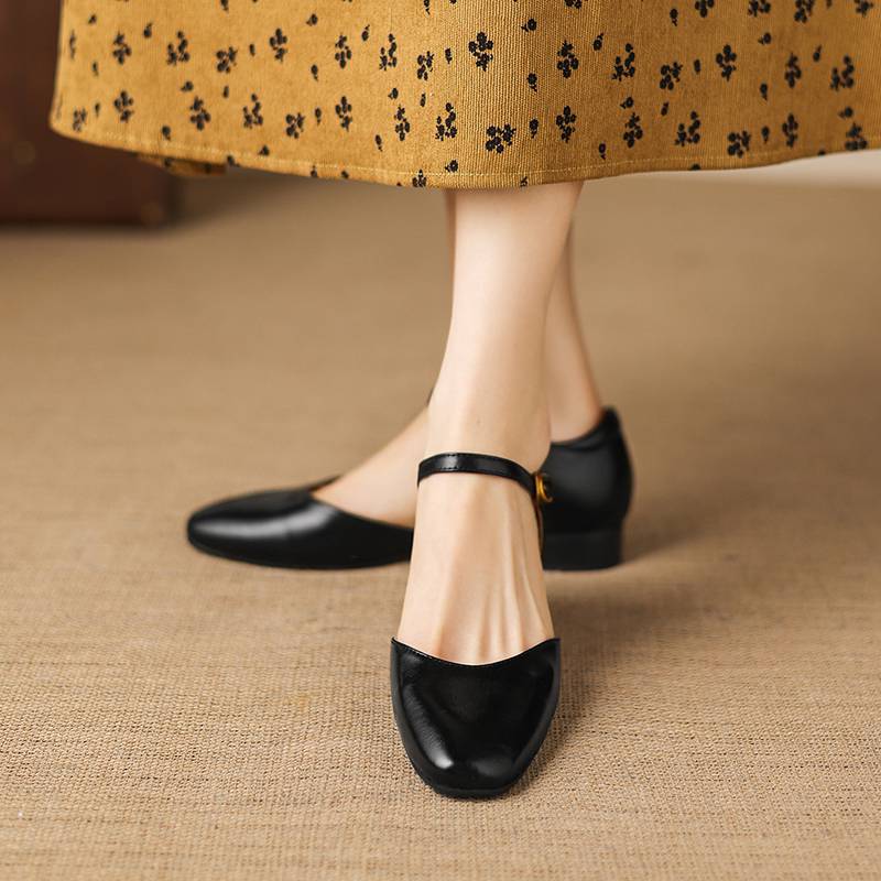 Krazing Pot Cow Skin Round Toe Low Heels Summer Shoes Big Size 42 Ankle Straps Women Pumps