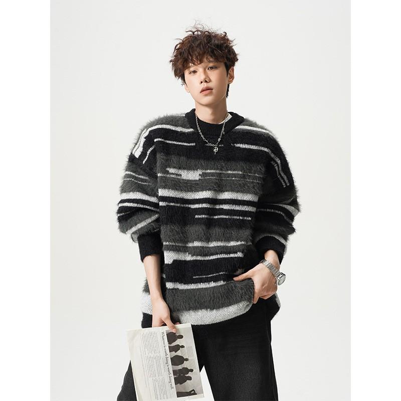 Men Women Striped Knit Sweater Loose Fit Casual Crewneck Pullover Winter