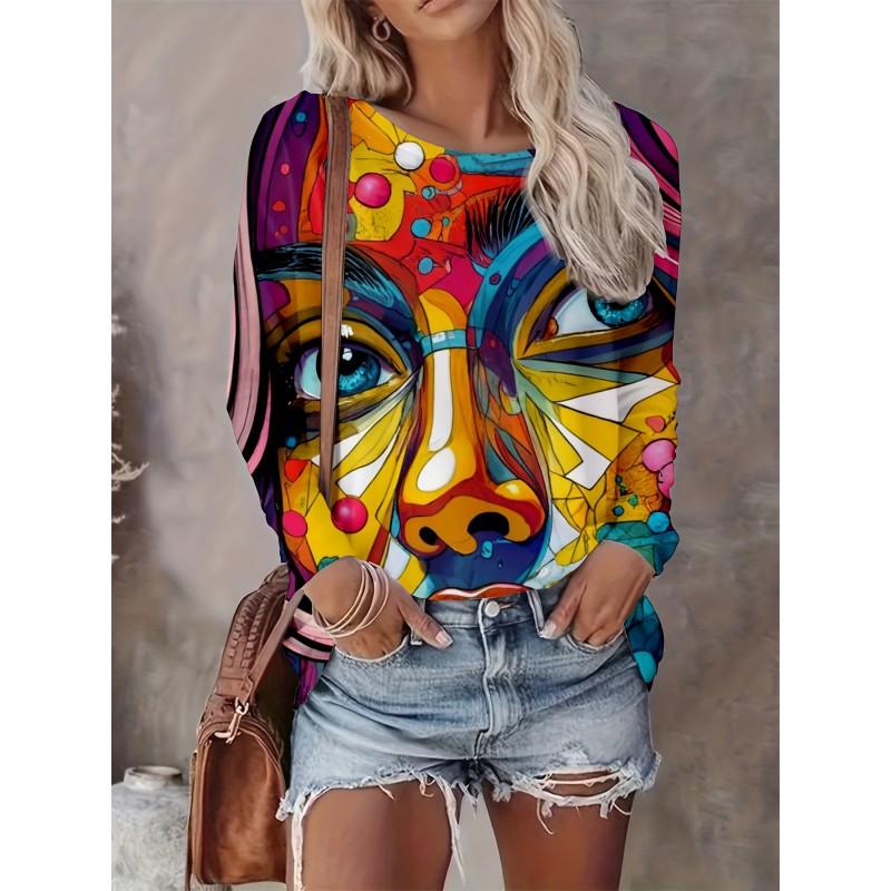 Womens Casual Abstract Print Long Sleeve Crew Neck T-Shirt 3D Effect 2025 Comfort Fit