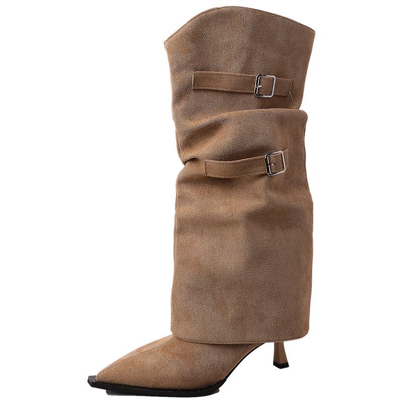 Mode Stamm Retro Design Sinn Gürtelschnalle Spitzhose Stiefel Damen 2025 Herbst und Winter neu dünner Absatz hoher Absatz Stiefel