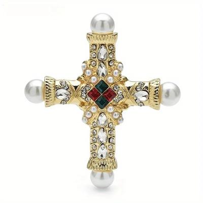 1pc Cross Pearl Brooch, Diamond-encrusted Fashion Vintage Baroque Style Personality Temperament Clothing Accessory