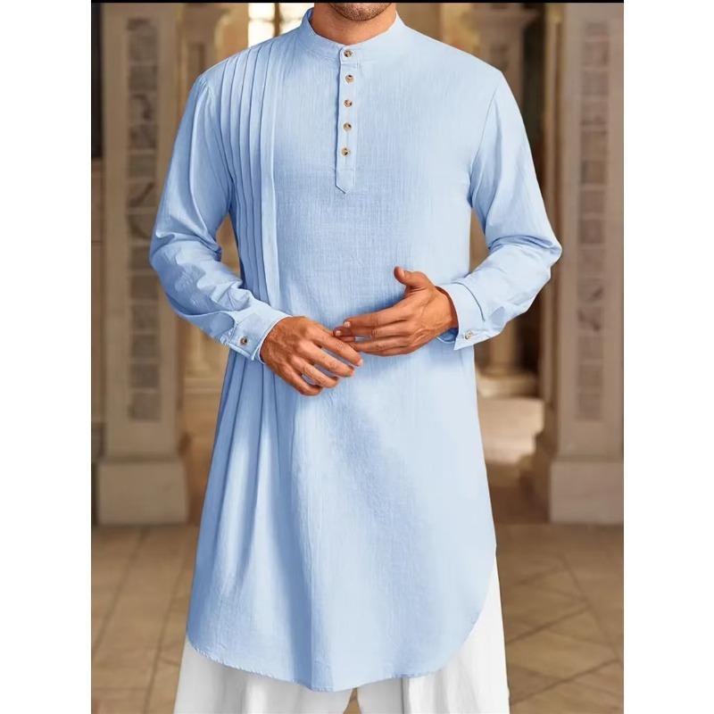 New-style plain-coloured cotton-linen button-down long-sleeved casual shirt for Muslim men