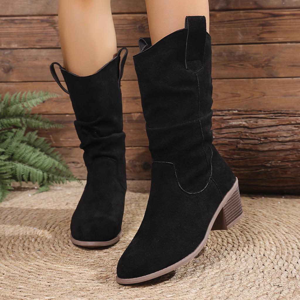 Mode Damen Klobige Absätze Mid-Calf Stiefel 2025 Herbst Neu Wildlederimitat Spitzzehe Stiefeletten Elegant Plissiert Designer Moderne Stiefel