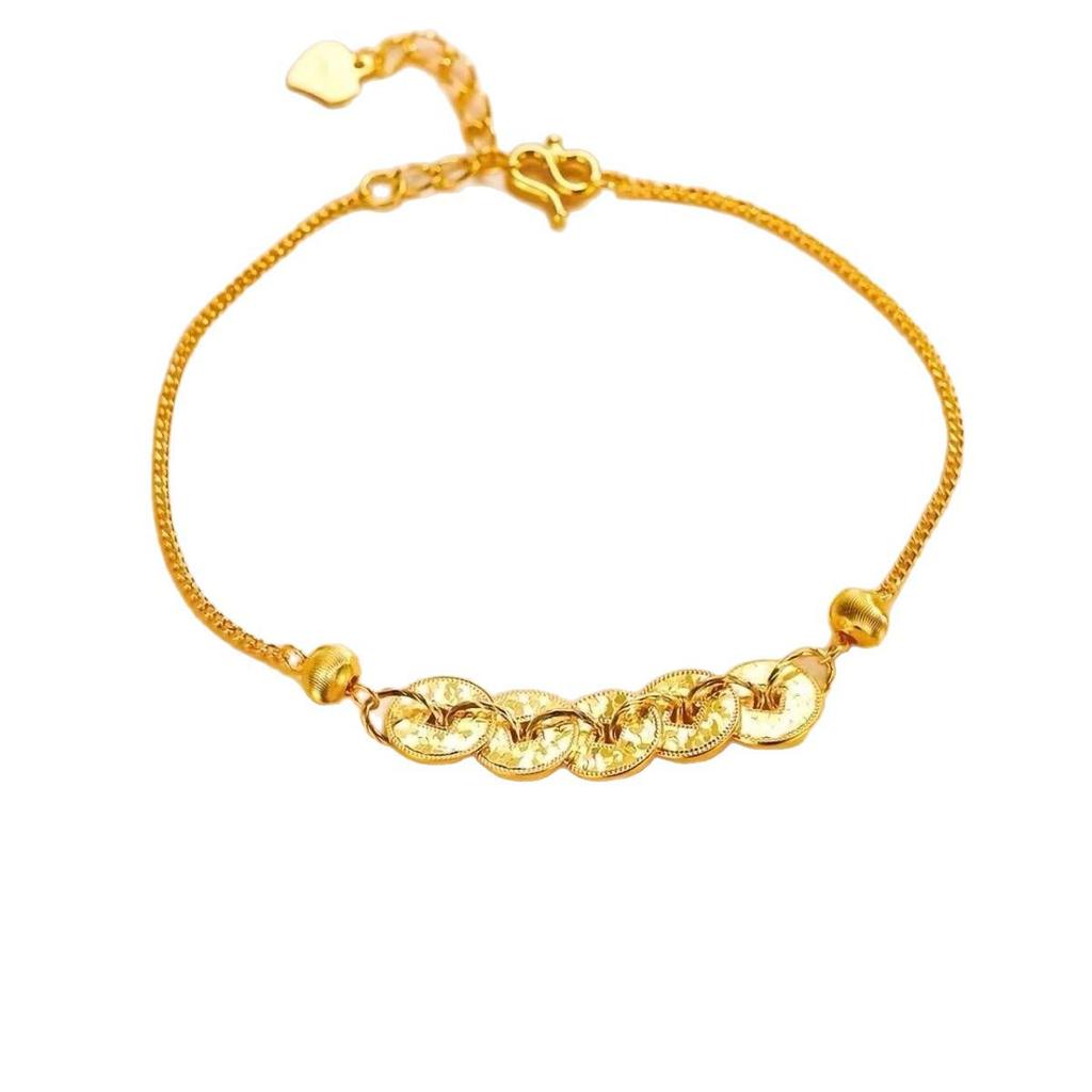 Gold-Plated Crushed Ice Five Emperor Coins Bracelet: Women's Light Luxury, Niche High-End Style for Wealth and Good Fortune.