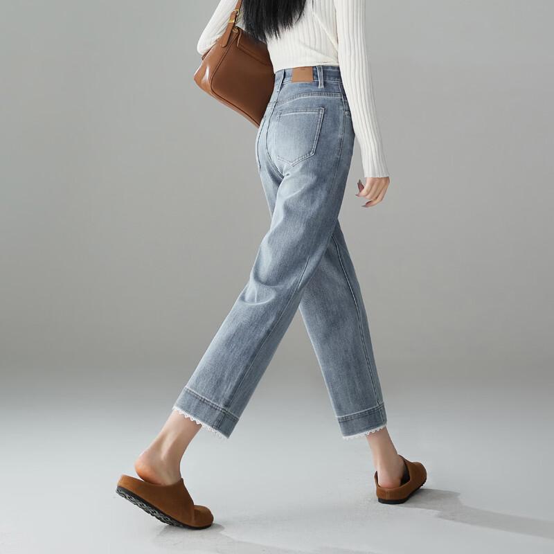 SOFSIL Women's High-Waist Lace Patchwork Cropped Straight Jeans