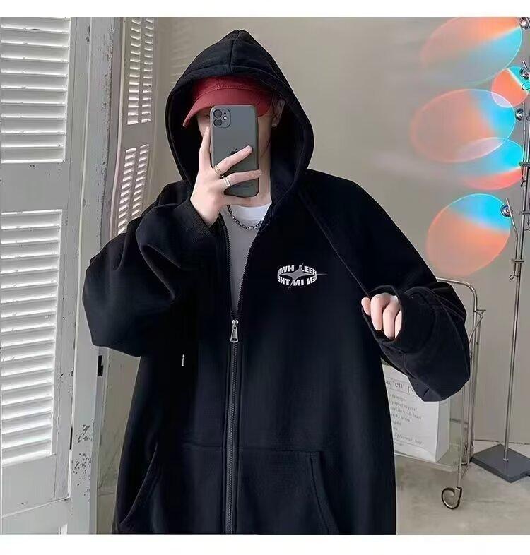 Hooded sweater men's autumn and winter American high street velvet heavy cardigan jacket spring and autumn ins trendy brand loose top