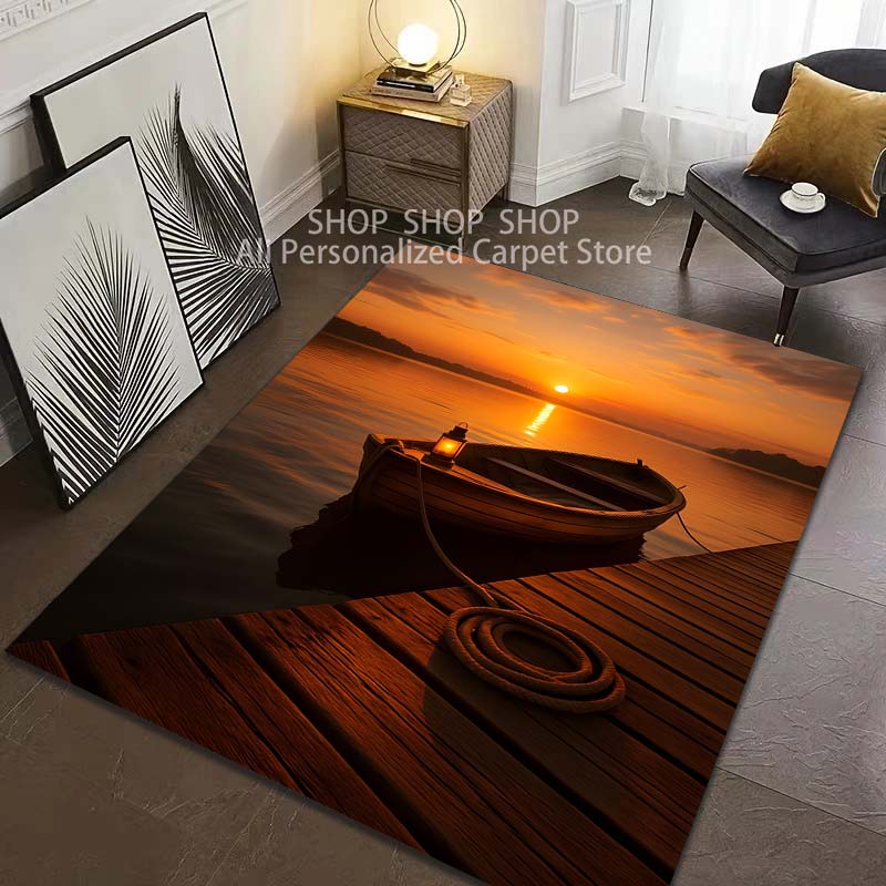1PC Sunset Boat Scenery Pattern Carpet for Living Room Bedroom Sofa Home Decor Non-slip Floor Mat Large Size Washable