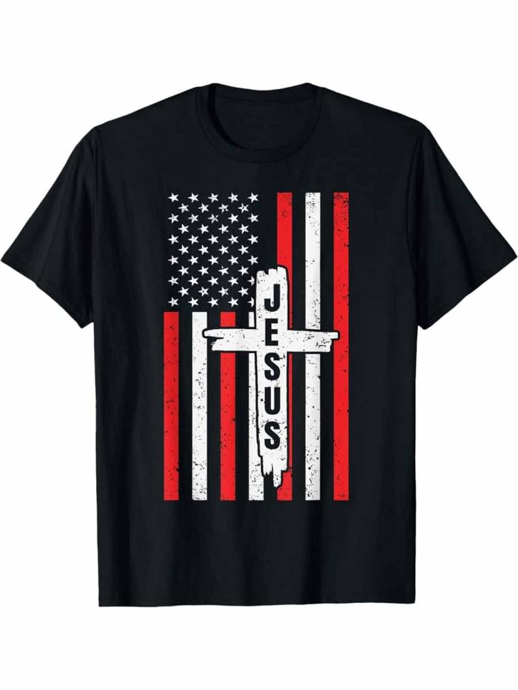 American Flag Jesus Christ FaithUSA Patriotic Design with Jesus Cross designcotton Oneck short sleeve printed mens Tshirt
