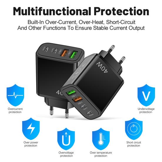 40W Phone Charger Head 2USB 2PD Fast Charging High Power Universal US Plug Travel Wall Charger Adapter for iPhone for Samsung for Huawei for Xiaomi