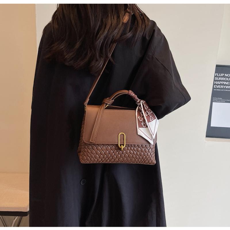 Fashion Popular Weave Women's Top-handle Bags Double Layer Versatile Lady Single Shoulder Crossbody Bag High-end Texture Small Square Bag with Scarf