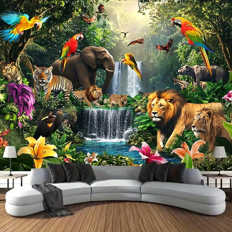 Arazzo 2D Fauna della Foresta Pluviale Tropicale Tessuto di Sfondo Animale Selvatico Leone Tigre per Festa