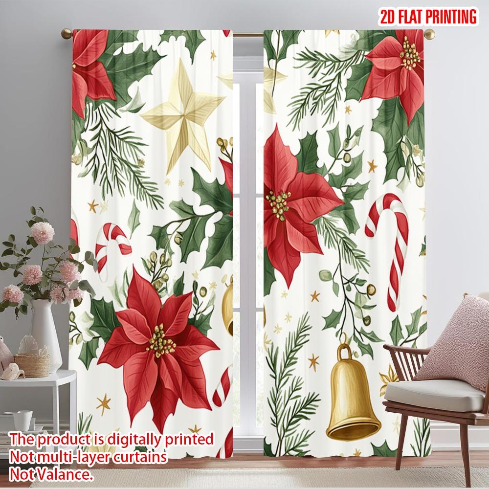 

2pcs,2D plane printing Creative Curtains Christmas Bells Poinsettia Holly Polyester Easy Install (without rod) Holiday Use for 52.50×116.00 CM 2pcs