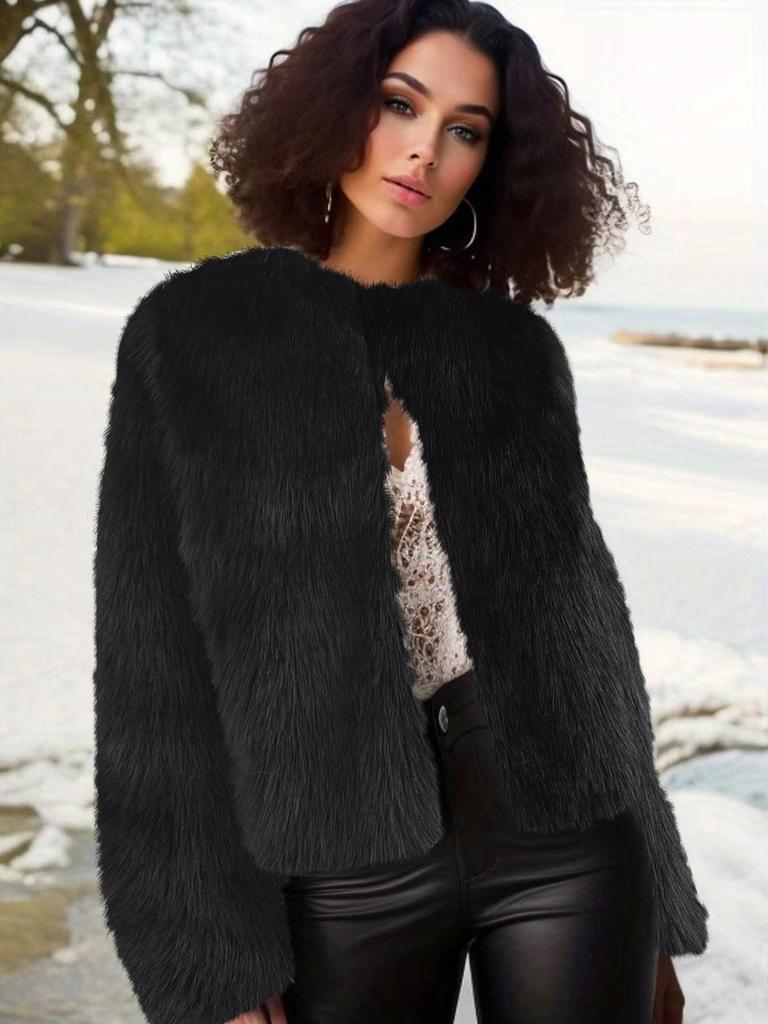 European and American new autumn and winter round neck short coat imitation fur coat women's fashion temperament solid color women's top