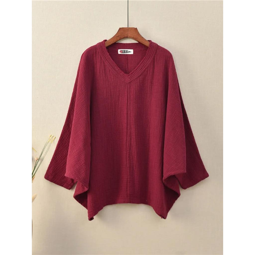 Bat Sleeve T-Shirts Vintage Women Cotton Linen V-Neck Solid Color Women Cloths Casual T-Shirts