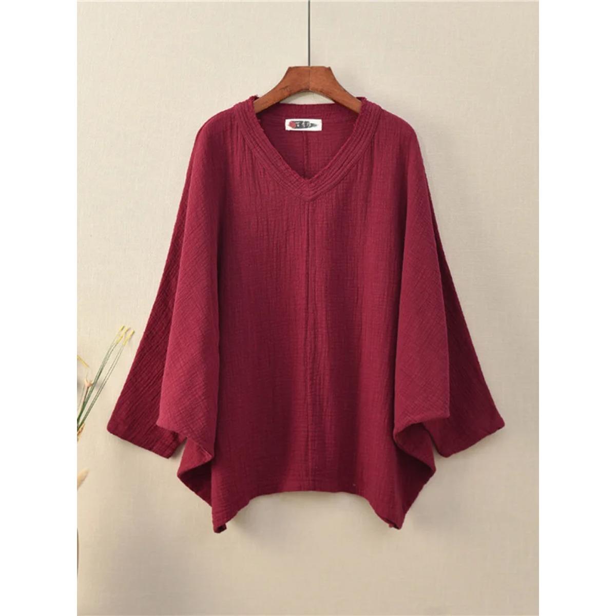 

Bat Sleeve T-Shirts Vintage Women Cotton Linen V-Neck Solid Color Women Cloths Casual T-Shirts One Size