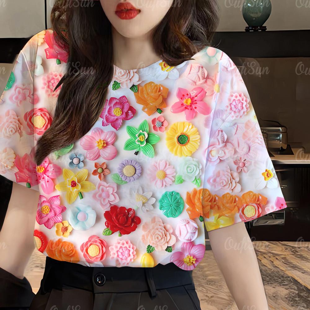 Pink beige flower 3D printed women's short sleeved T-shirt Korean clothing short sleeved shirt