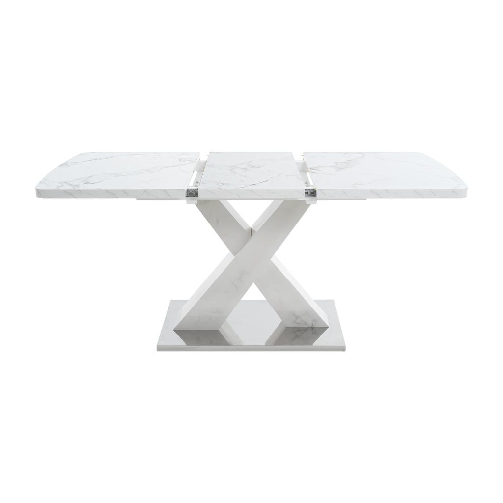 120CM-160CM Μοντέρνο Ορθογώνιο Τραπέζι Τραπεζαρίας, Τεντώνεται, με Εκτυπωμένη Λευκή Μαρμάρινη Επιφάνεια Τραπεζιού+MDF Τραπεζοπόδι Σχήματος Χ με Μεταλλική Βάση