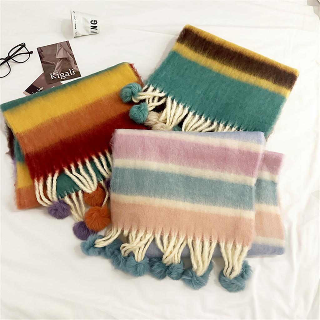 Female Winter Scarf Rainbow Striped Scarf Soft Cashmere Like Neck Wrap Scarf Shawl Pashmina Women Scarves Neckwear Scarf