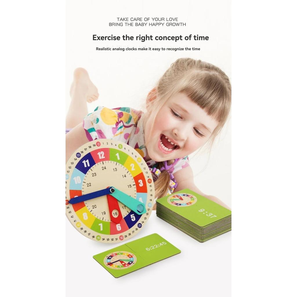 Wooden Clock Model Teaching Aid Learning Clocks with Cards Kindergartner Toy for Game Interaction Time Cogn