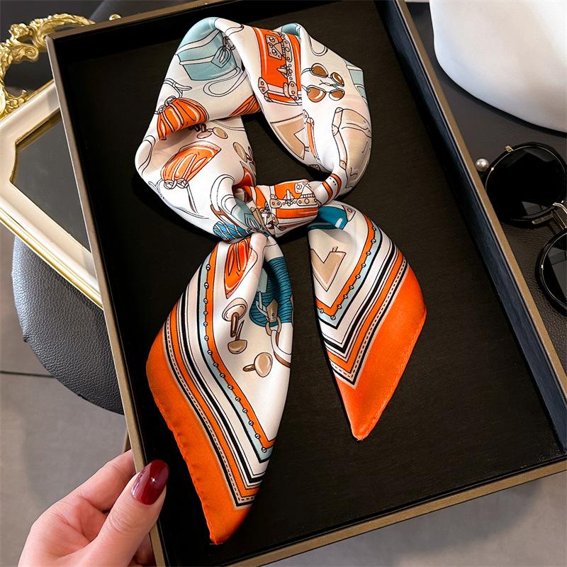 New retro French silk scarf 71cm small square scarf versatile professional scarf women's simulated silk scarf sunscreen shawl