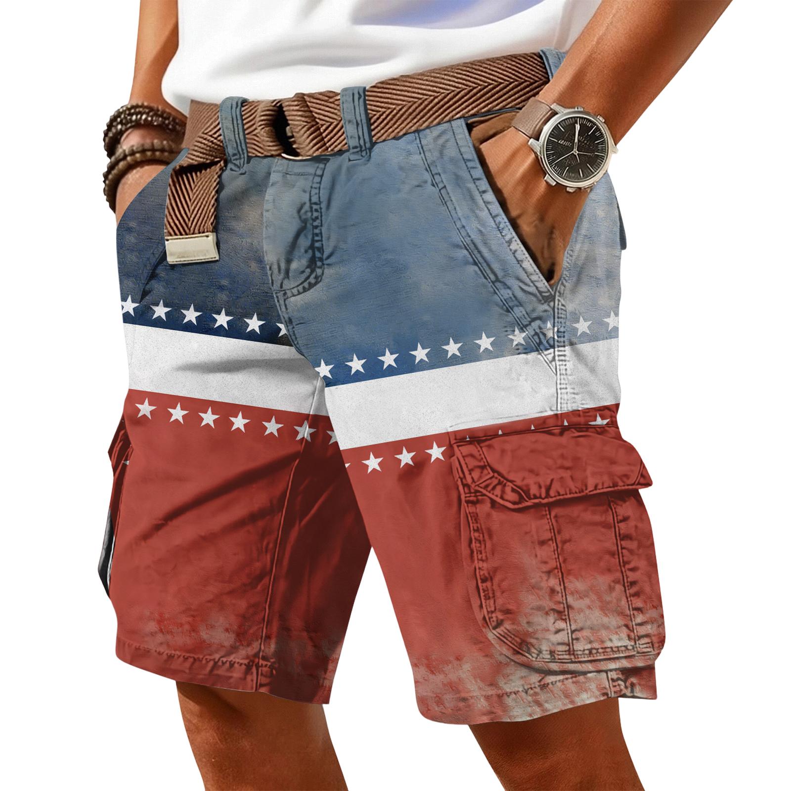 

Men’s Patchwork Cargo Shorts with Flag Print Comfortable Fit Suitable for father day gifts and my orders Casual Wear Outdoor Activities L синий