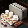 Compact Jade White Ceramic Travel Tea Set with Gaiwan, Cup, and Tray for Portable Kung Fu Tea Sessions.