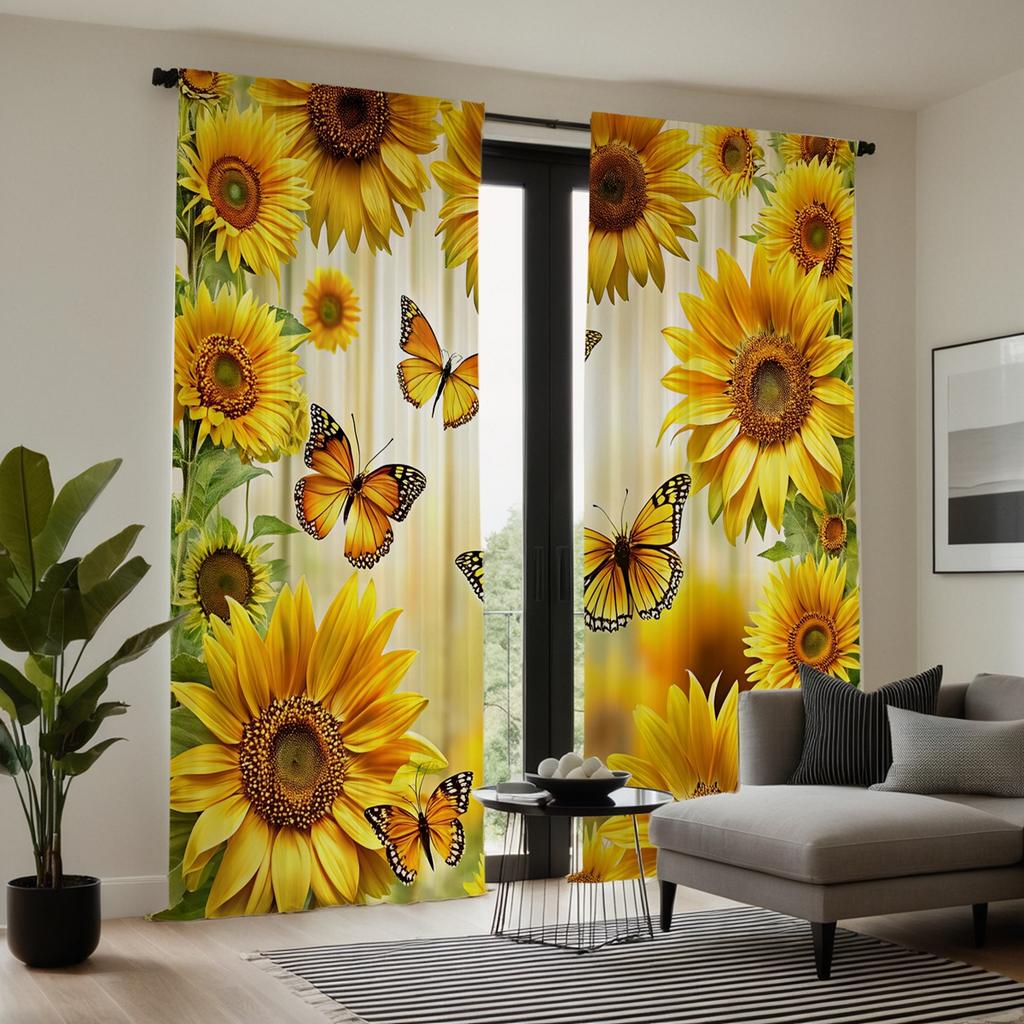 2PCS HD Digital Curtain Printed Yellow Tie Sunflower Flowers Butterfly Home Decoration Style Decorate Living Room Bedroom Wea