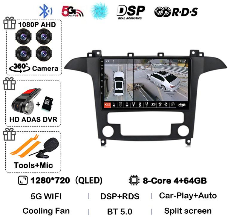 Android14 Carplay Auto For Ford S Max S-MAX 2007 2008 2009 2010 2011 - 2015 Multimedia Car Radio Player Video WIFI+4G DSP Stereo