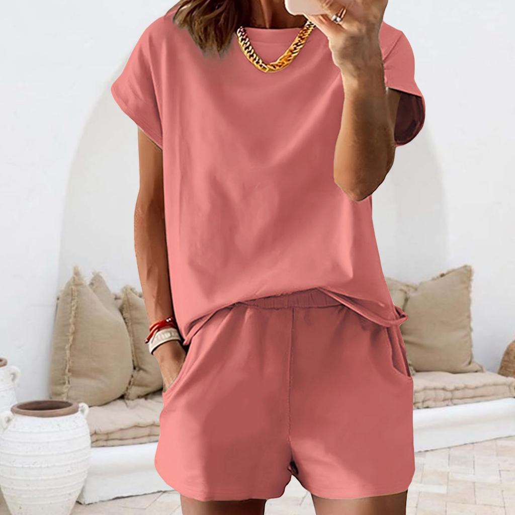 Completo Estivo da Donna a Maniche Corte con Tasche, Girocollo, Vestibilità Rilassata, Due Pezzi per l'Uso Quotidiano