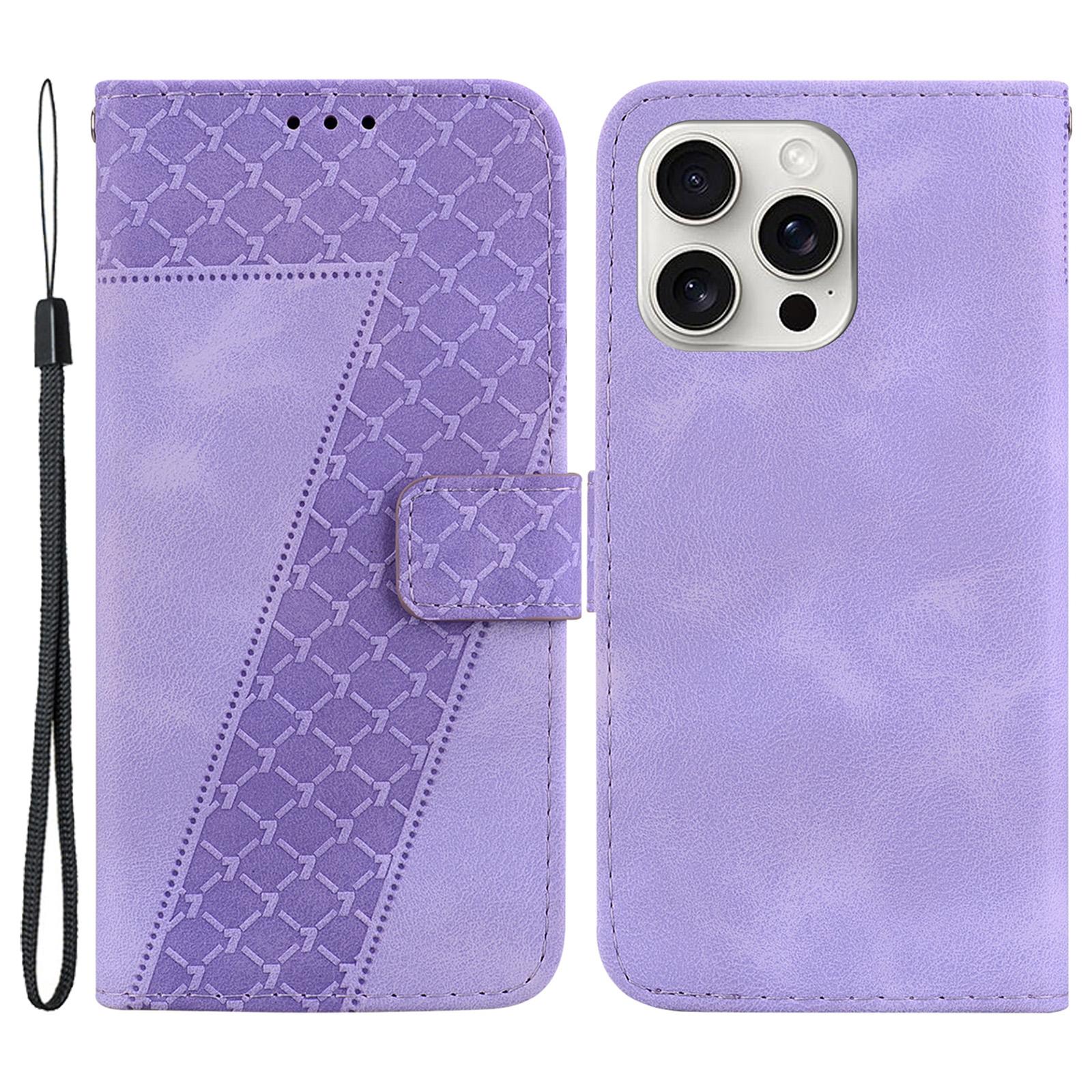 

For iPhone 16 Pro Case 7-Shaped Pattern Leather Shockproof Phone Cover Purple