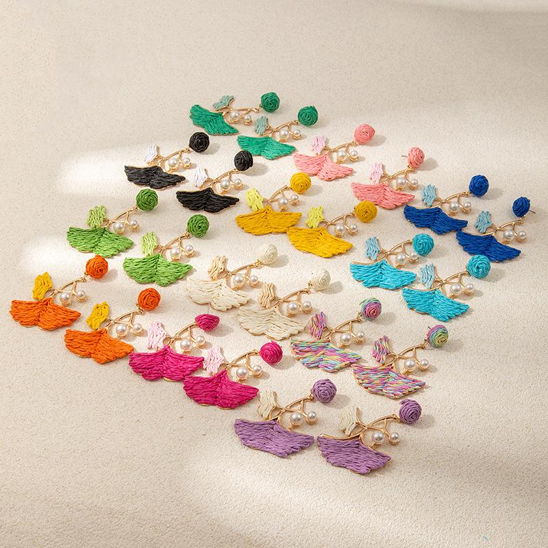 Dopamine Colored Leaves Hand-Woven Raffia Earrings Women'S Vacation Wind Sweet Temperament Unique Earrings Earrings