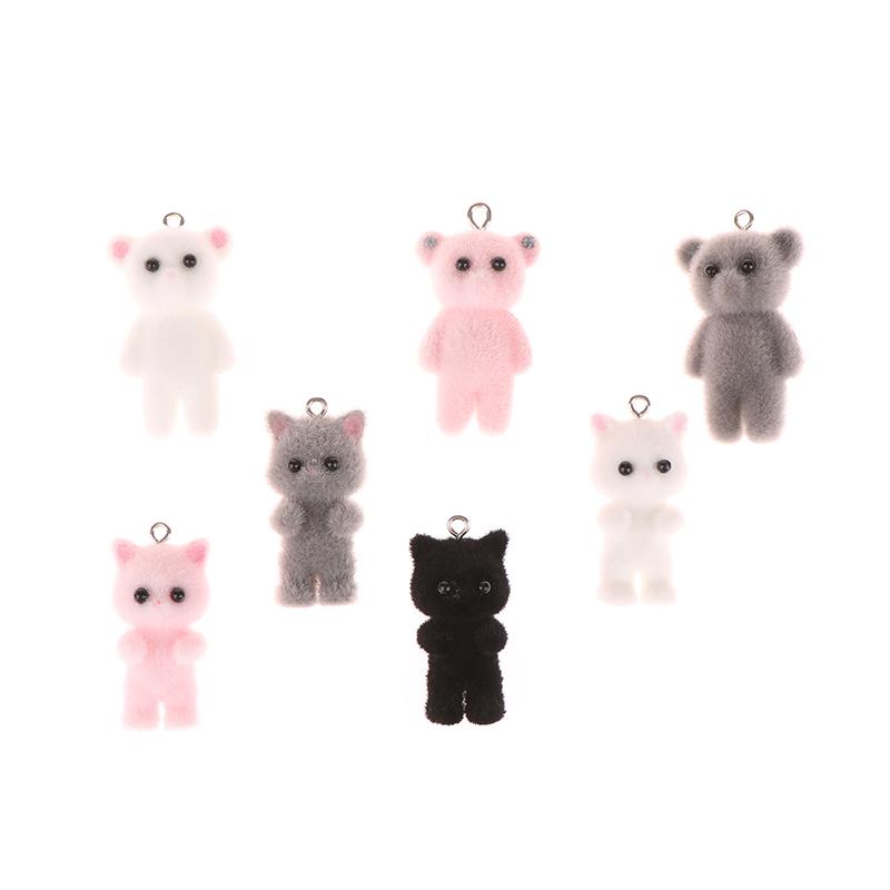 2Pcs Cat Bear Pendant Kawaii 3D Fluffy Flocking Charms Miniature Dolls Keychain Necklace Pendant Diy Crafts Jewelry Make