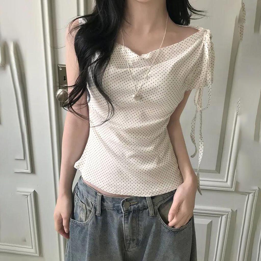 Korean Style Polka Dot Lace-up Off-Shoulder Short Sleeve T-shirt - Women's Trendy Summer Slimming Top