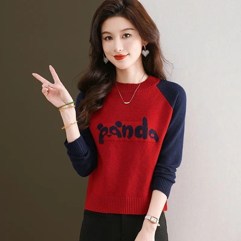 Round Neck Color Block Jacquard Sweater New Autumn and Winter Fashionable Style Loose Bottoming Sweater S красный